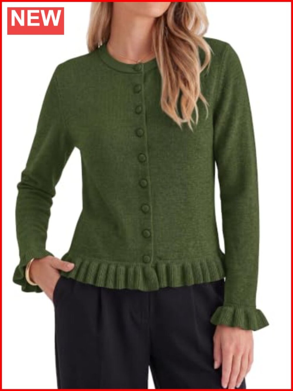 Ruffle Cardigan Sweater Button Down Crew Neck Knit Long Sleeve